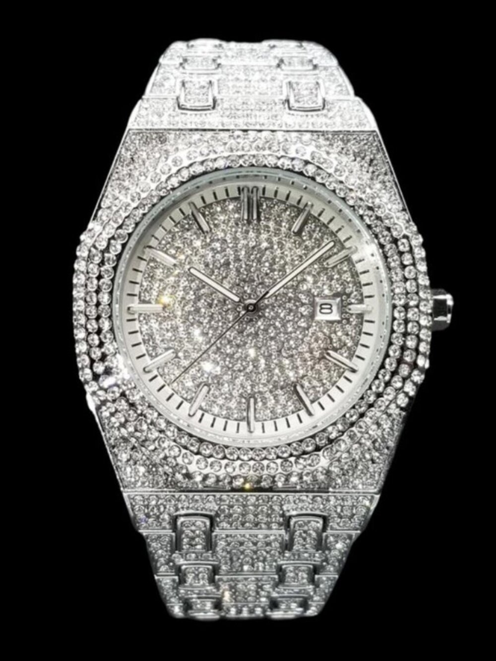 Luxury Bust Down Date VVS Iced Out Diamond Watch, Men's Hip Hop Icy Watch
